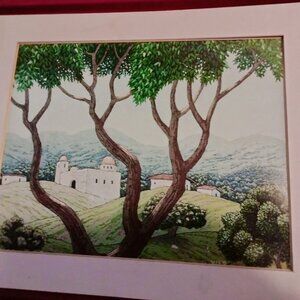 Vintage Landscape Art Print Signed Vico Mountain Countryside Treed Scene